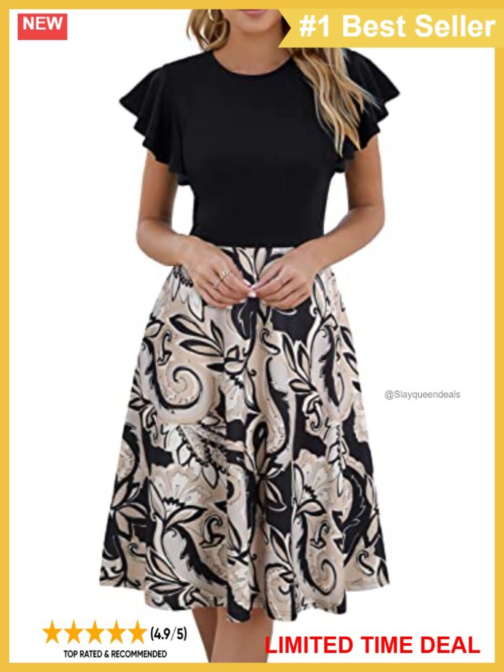 Ruffle Sleeve V-Back Fit and Flare Cocktail Dress with Pockets